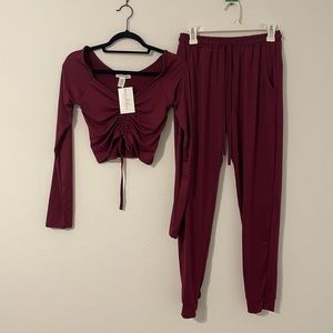 maroon two piece long sleeve and pants set new with tags size S